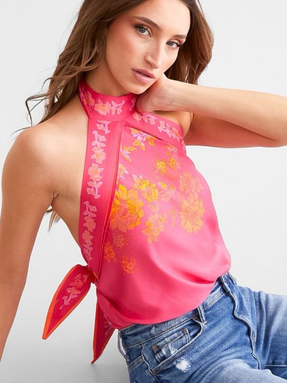 Free People 1 Thing Halter Bodysuit Brown Pink Paisley Boho Open Back S - Picture 4 of 7